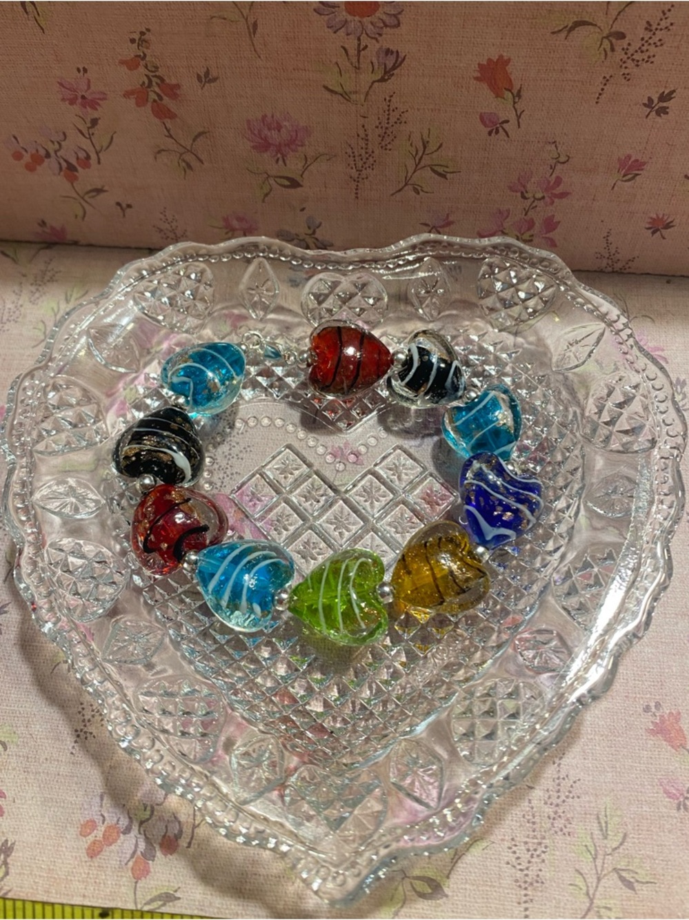 Vintage FAS Sterling Silver Rainbow Glass Heart Bracelet Lampwork Foil Beads 925
